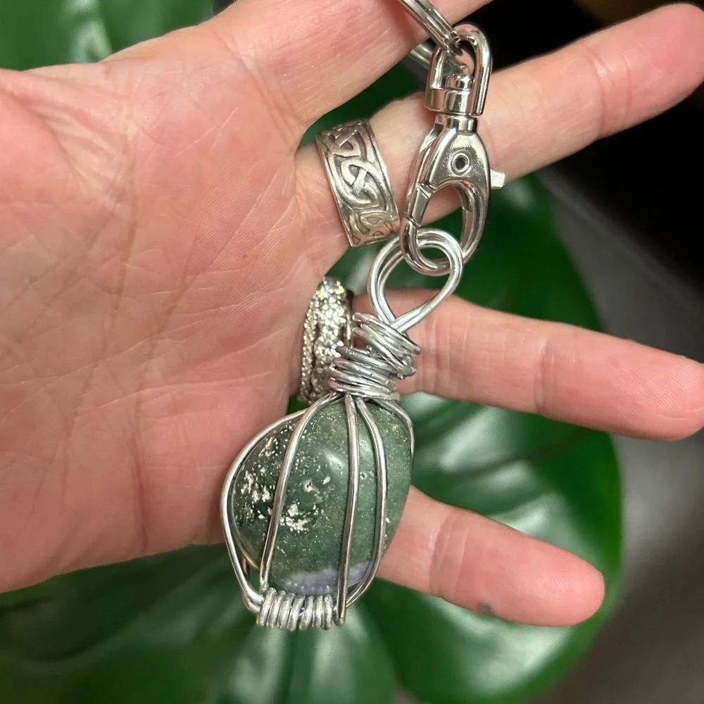 OCEAN JASPER GORGEOUS chunky wire wrapped crystal keychain pendant purse charm